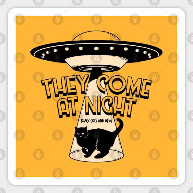 Aliens and Black Cat in yellow Magnet by The Charcoal Cat Co.